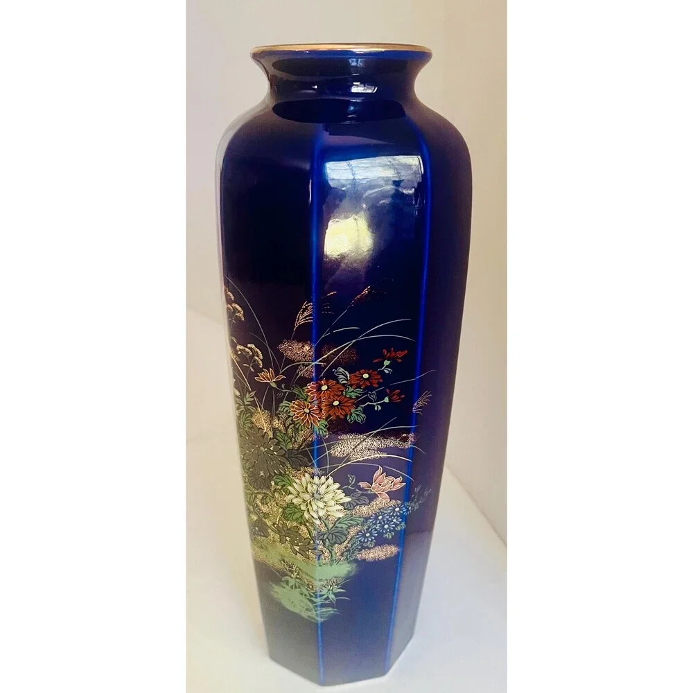 Vintage Cobalt Japanese Cobalt blue gold rim porcelain decorative vase 10.75”